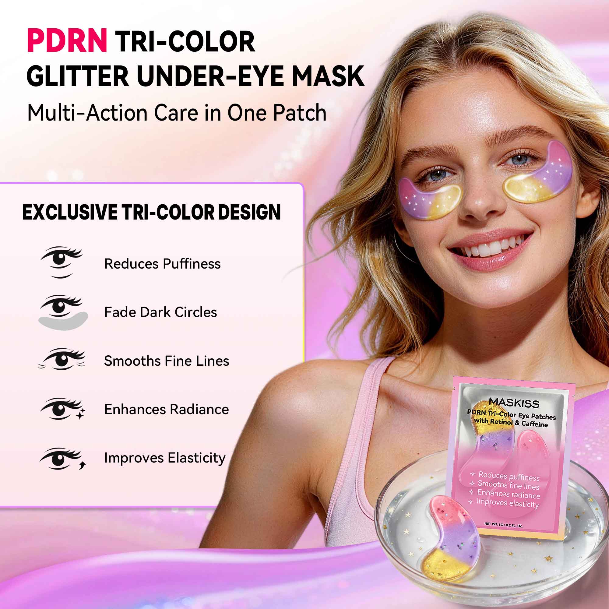 Maskiss PDRN Under Eye Patches (25 Pairs), Tri-Color Eye Gel Pads with Retinol Caffeine